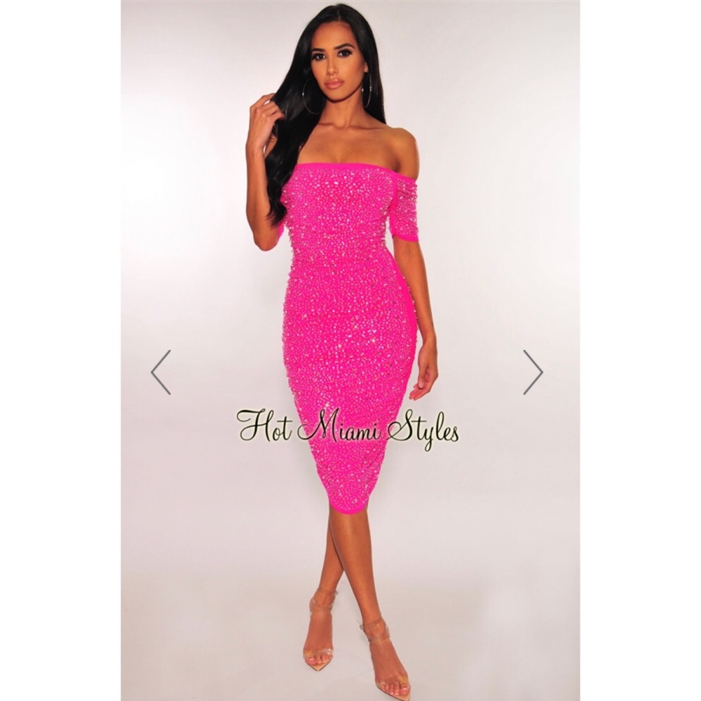 Hot Pink Ruched Rhinestone Pearl Embellished Dress